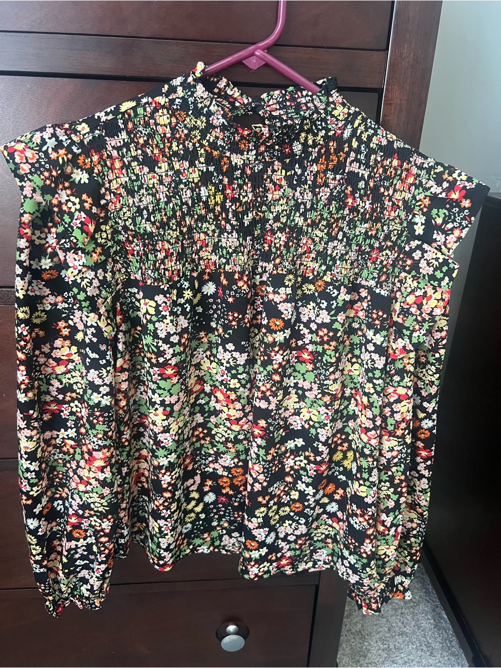 Sugarlips Black Floral Smocked High-Neck Blouse